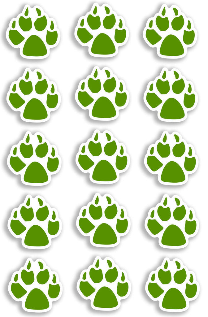 A4 Sheet 15 x Green Dog Paw Prints Vinyl Stickers Animal Laptop Car Bike