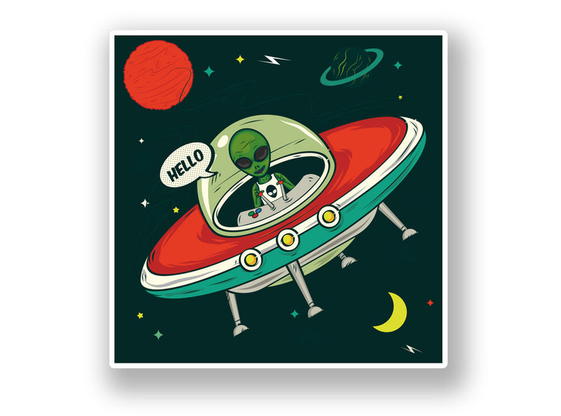 2 x Hello! Alien UFO Vinyl Sticker Space