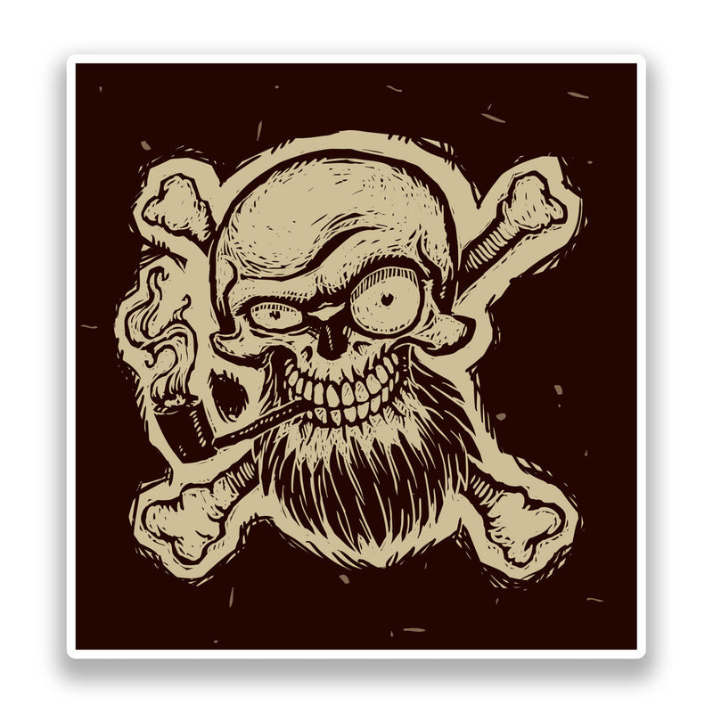 2 x Destressed Pirate Skull and Cross Bones Vinyl Stickers Smoking Scary