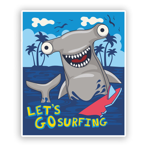 2 x Lets Go Surfing Shark Funny Vinyl Stickers Travel Luggage #7625