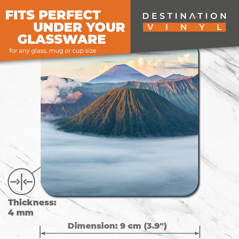 Great Coasters (Set of 2) Square / Glossy Quality Coasters / Tabletop Protection for Any Table Type - Mount Bromo Indonesia Volcano Mountain