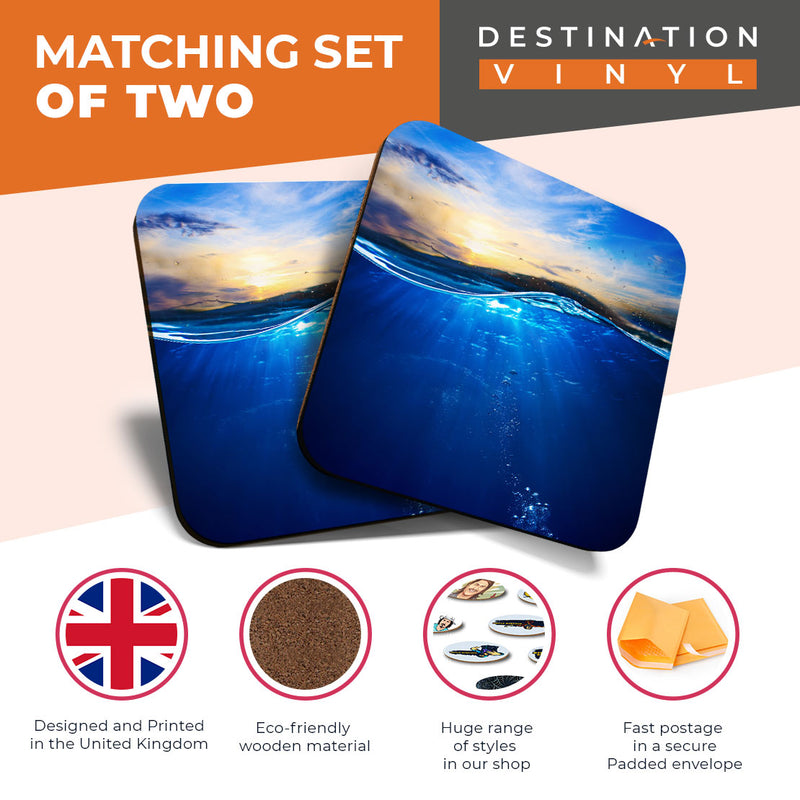 Great Coasters (Set of 2) Square / Glossy Quality Coasters / Tabletop Protection for Any Table Type - Underwater Ocean Sea Dive Diver