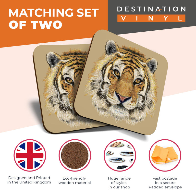 Great Coasters (Set of 2) Square / Glossy Quality Coasters / Tabletop Protection for Any Table Type - Tiger Painting Art Wild Animal