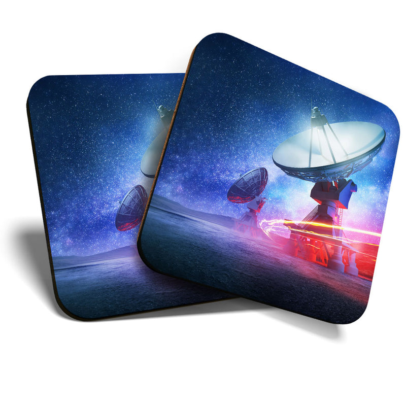 Great Coasters (Set of 2) Square / Glossy Quality Coasters / Tabletop Protection for Any Table Type - Radio Telescope Space Aliens NASA