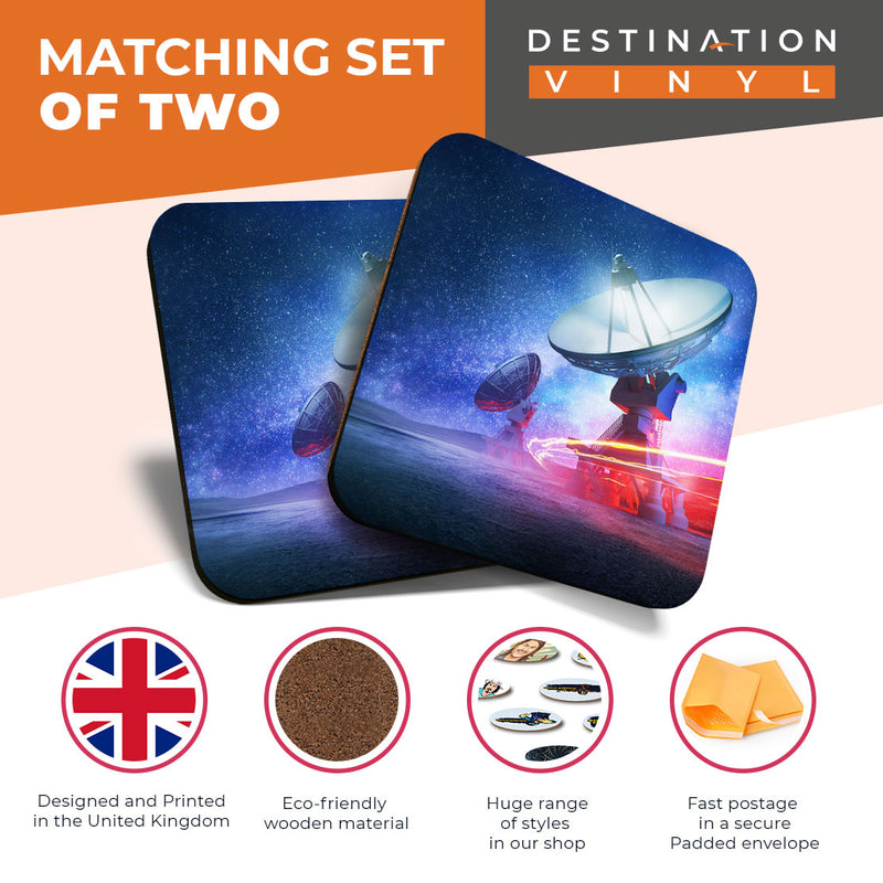 Great Coasters (Set of 2) Square / Glossy Quality Coasters / Tabletop Protection for Any Table Type - Radio Telescope Space Aliens NASA