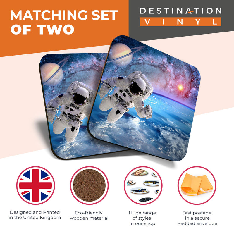 Great Coasters (Set of 2) Square / Glossy Quality Coasters / Tabletop Protection for Any Table Type - Space Astronaut Saturn Planet Sci-Fi