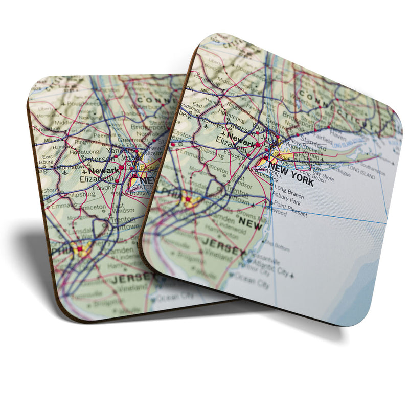 Great Coasters (Set of 2) Square / Glossy Quality Coasters / Tabletop Protection for Any Table Type - New York Map America USA NYC