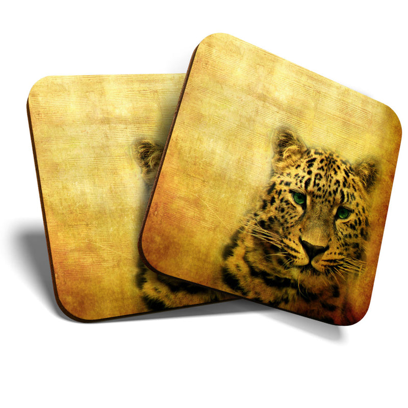 Great Coasters (Set of 2) Square / Glossy Quality Coasters / Tabletop Protection for Any Table Type - Leopard Big Cat Wild Art