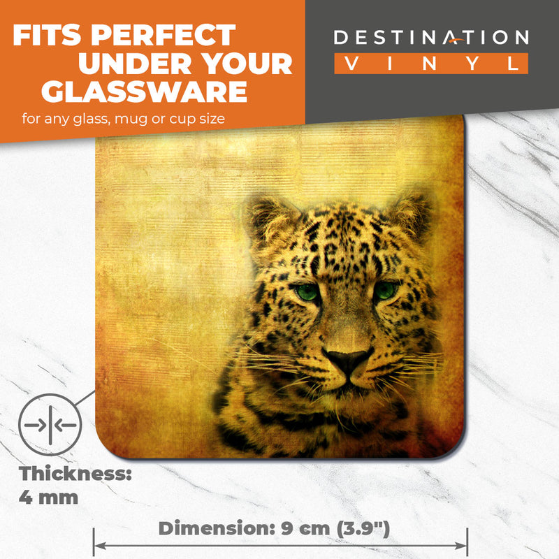 Great Coasters (Set of 2) Square / Glossy Quality Coasters / Tabletop Protection for Any Table Type - Leopard Big Cat Wild Art