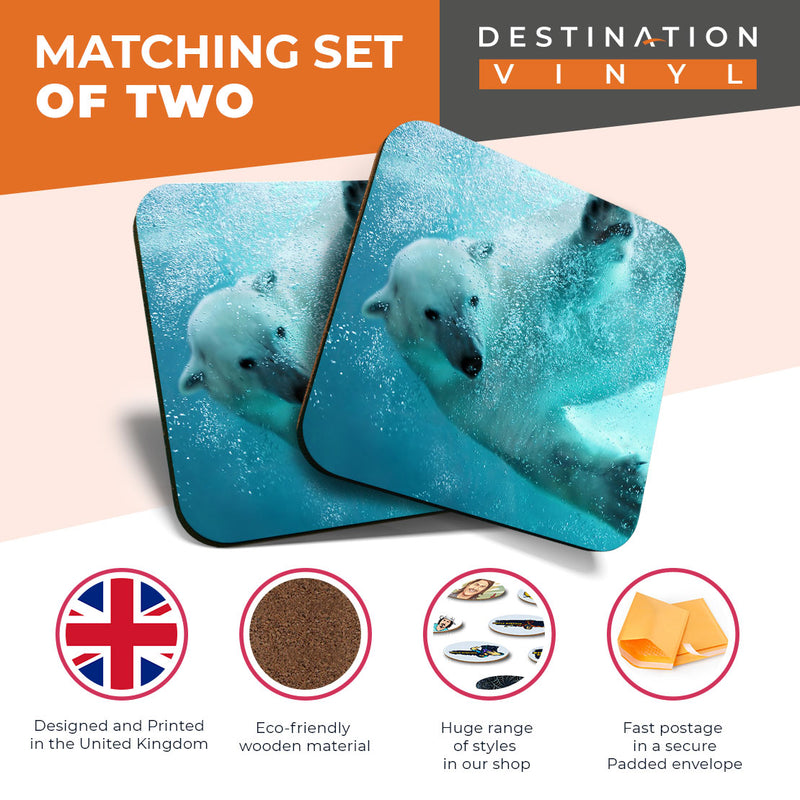Great Coasters (Set of 2) Square / Glossy Quality Coasters / Tabletop Protection for Any Table Type - Polar Bear Ocean Sea Arctic Wild