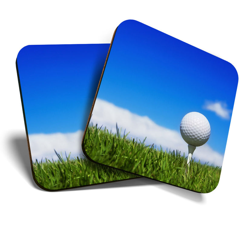 Great Coasters (Set of 2) Square / Glossy Quality Coasters / Tabletop Protection for Any Table Type - Golf Ball Sports Men's Dad Uncle