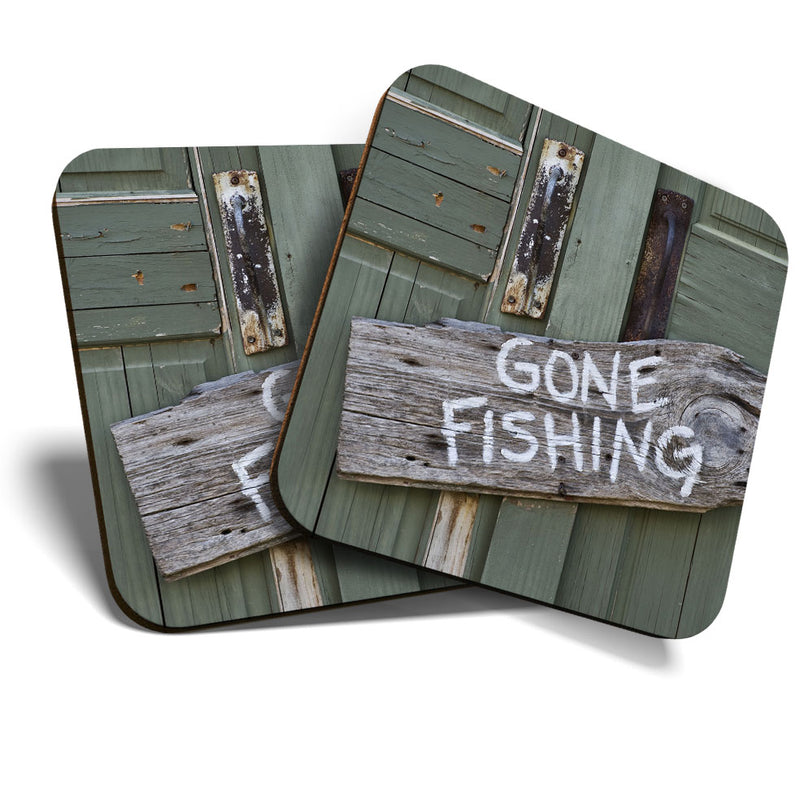 Great Coasters (Set of 2) Square / Glossy Quality Coasters / Tabletop Protection for Any Table Type - Gone Fishing Sign Garden Dad Uncle