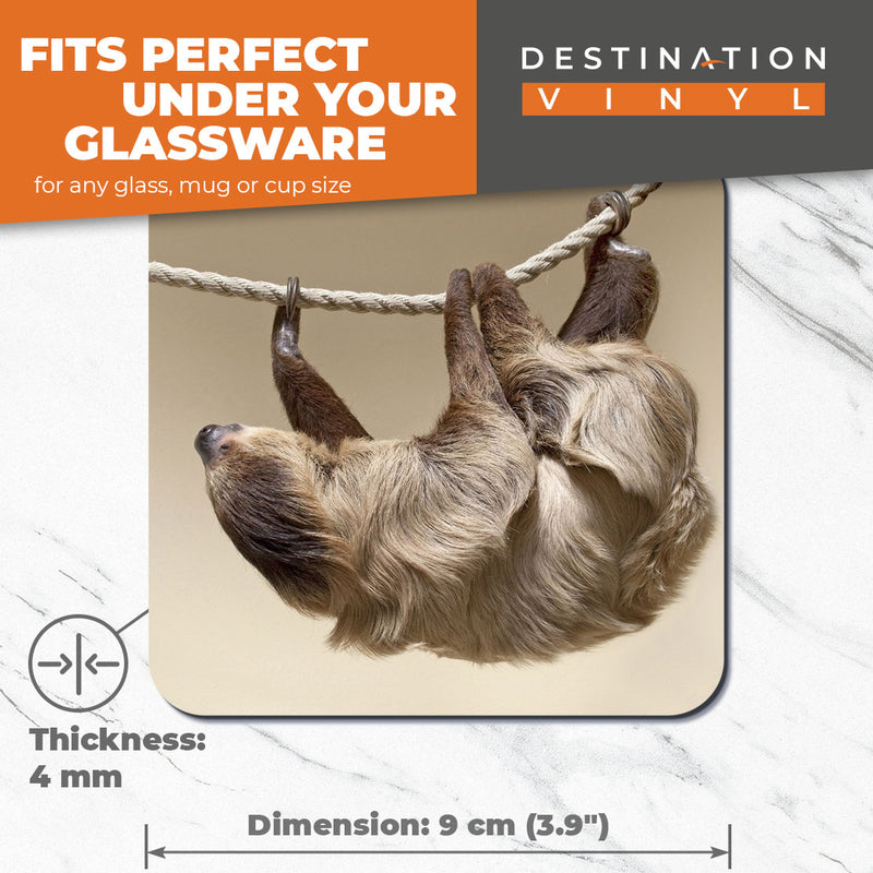 Great Coasters (Set of 2) Square / Glossy Quality Coasters / Tabletop Protection for Any Table Type - Cute Climbing Lazy Sloth Animal