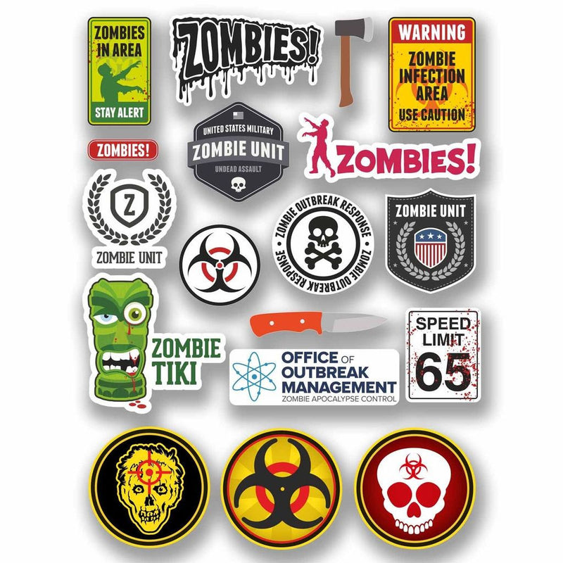 A4 Sheet 18 x Various Zombie Vinyl Stickers Biohazard Warning Dead Walking